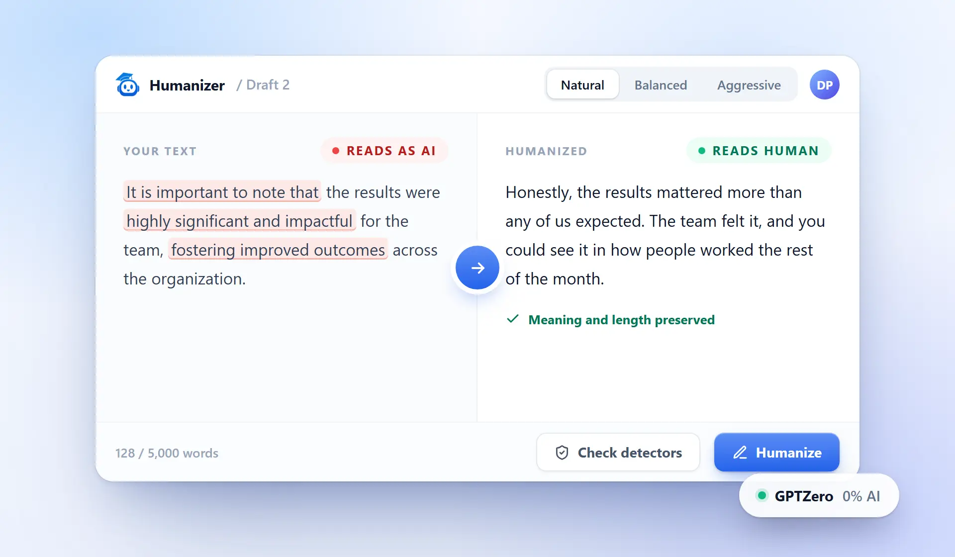 The Phrasly humanizer rewriting text in a natural tone while keeping the writer’s voice