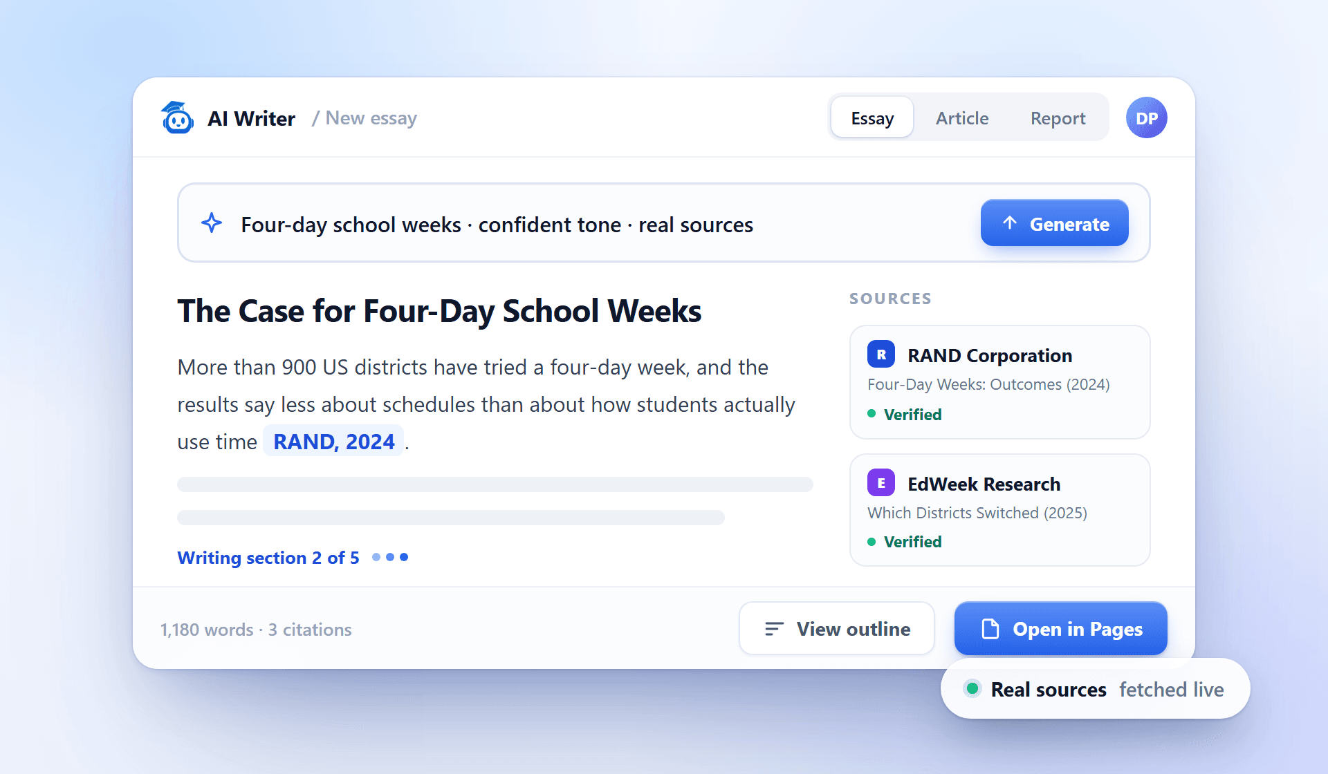 The Phrasly AI writer generating an essay section by section with real cited sources