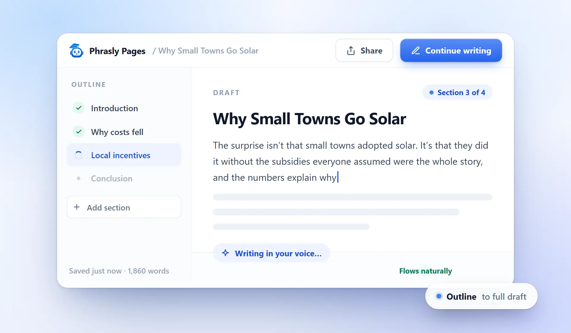 Phrasly Pages drafting a document from an outline, with sections completing as it writes