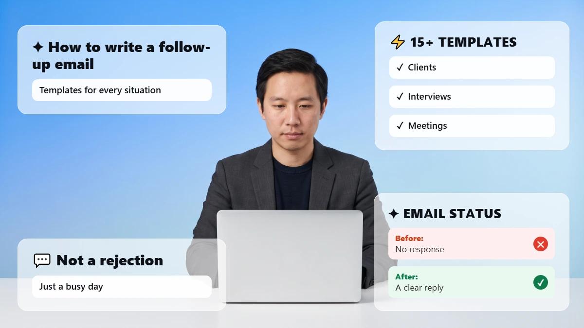 professional at a laptop with follow-up email header cards