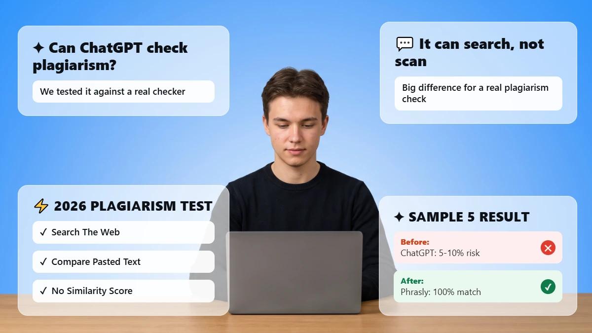 Student at laptop with glass cards on ChatGPT plagiarism testing