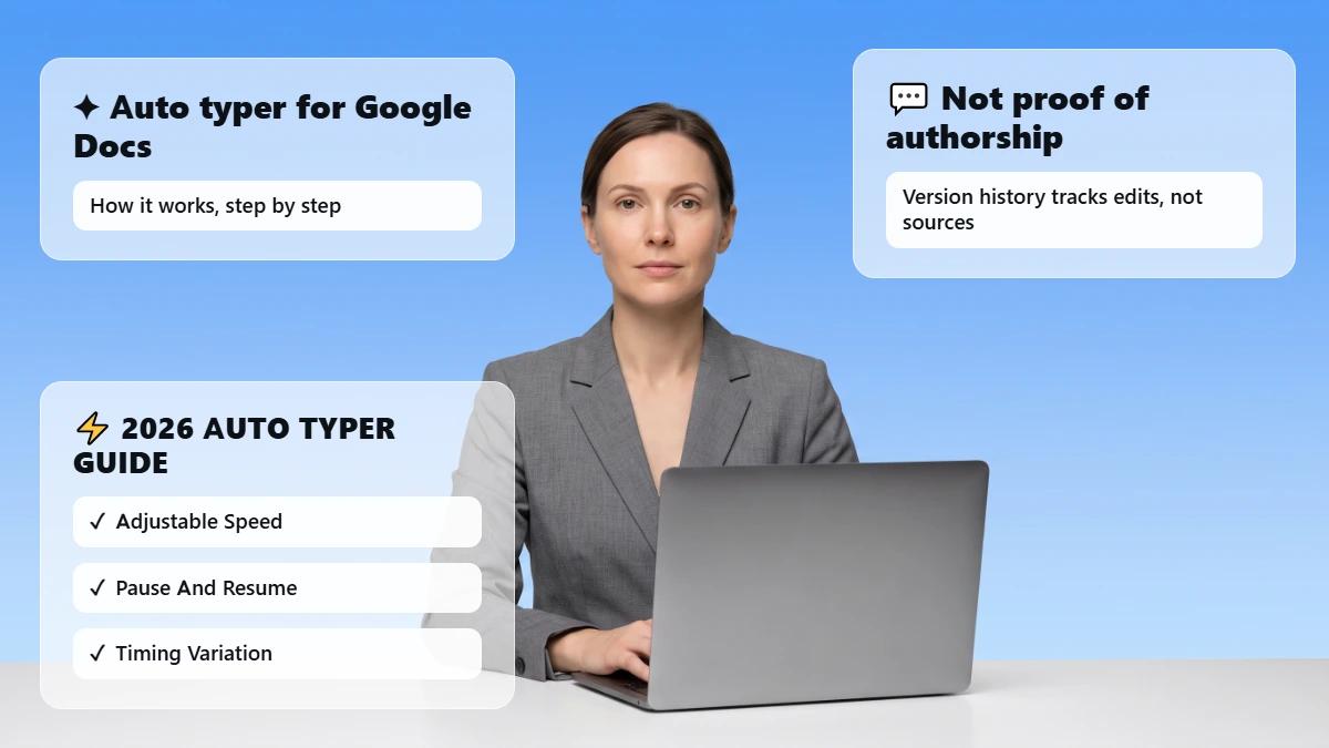 professional at desk with laptop, blue gradient background, header for auto typer extension guide