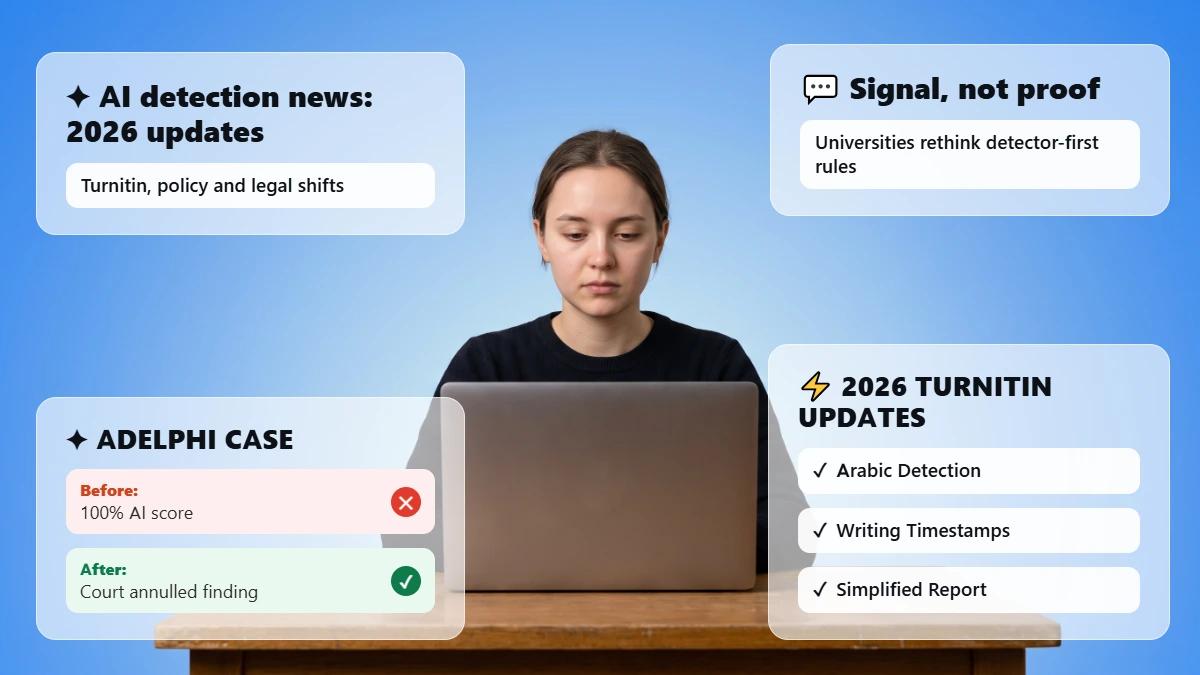 Student at desk with glass cards summarizing 2026 AI detection news