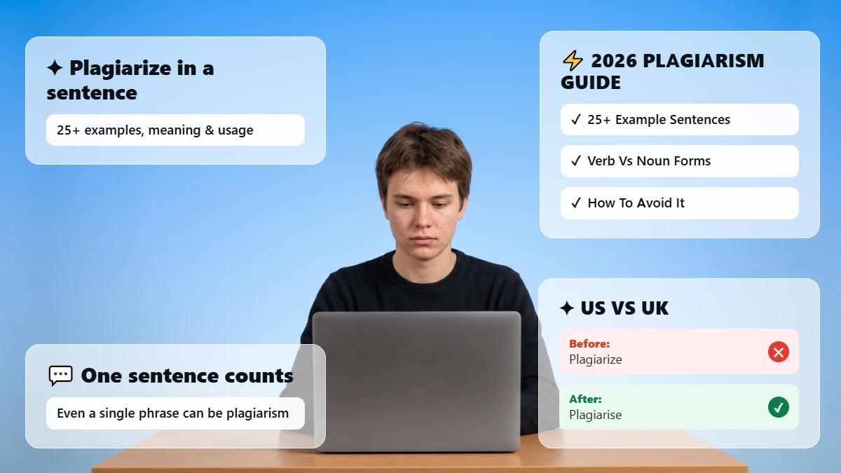 Student at a laptop with glass cards summarizing the plagiarize guide