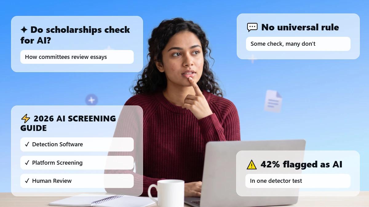 Student at a laptop with glass cards on AI scholarship screening