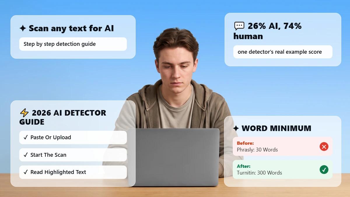 Student at a laptop with glass cards summarizing the AI scan guide
