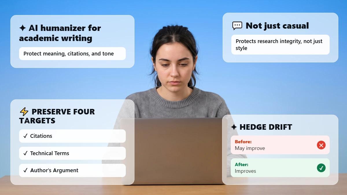Student at laptop with glass cards summarising academic AI humanizer guidance