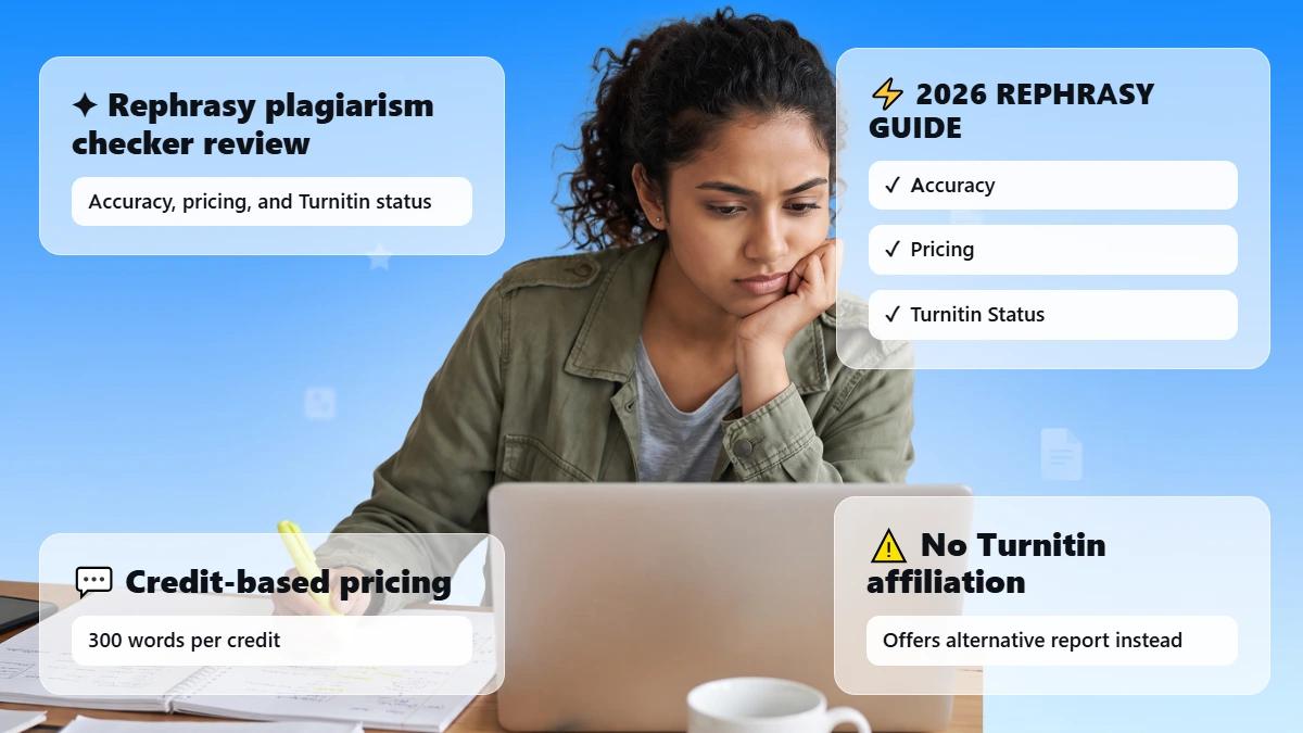 Student at laptop with overlay cards on Rephrasy review facts