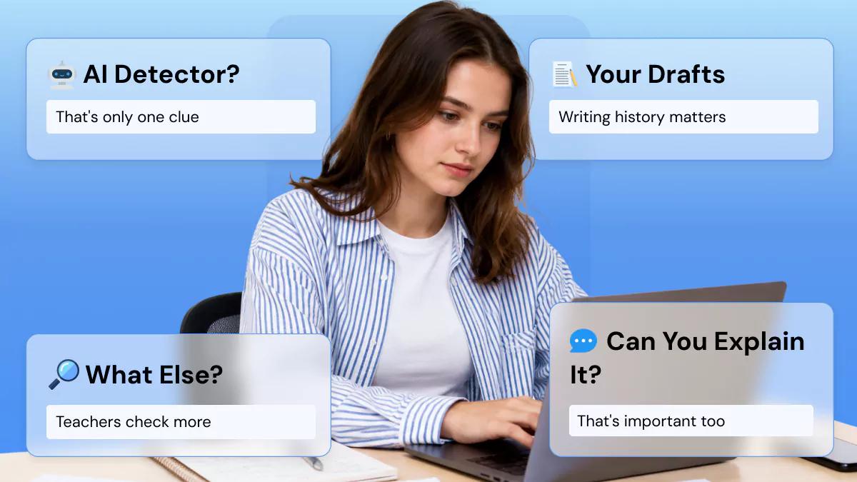 College student reviewing an essay with AI detection, drafts, sources, and writing-process clues