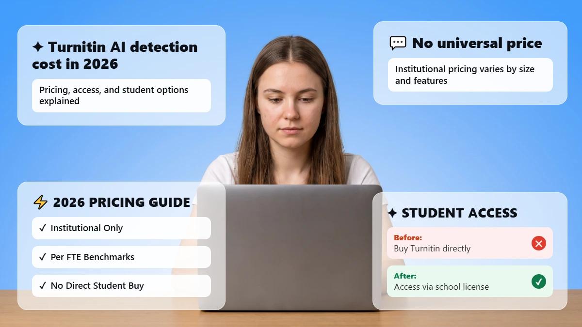 Student at a laptop with glass cards on Turnitin AI detection pricing