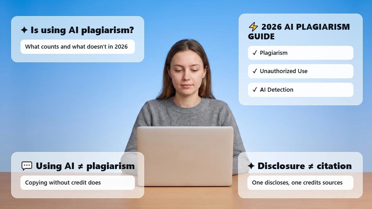 Student writing on a laptop with callouts explaining that using AI is not plagiarism and disclosure is not citation.