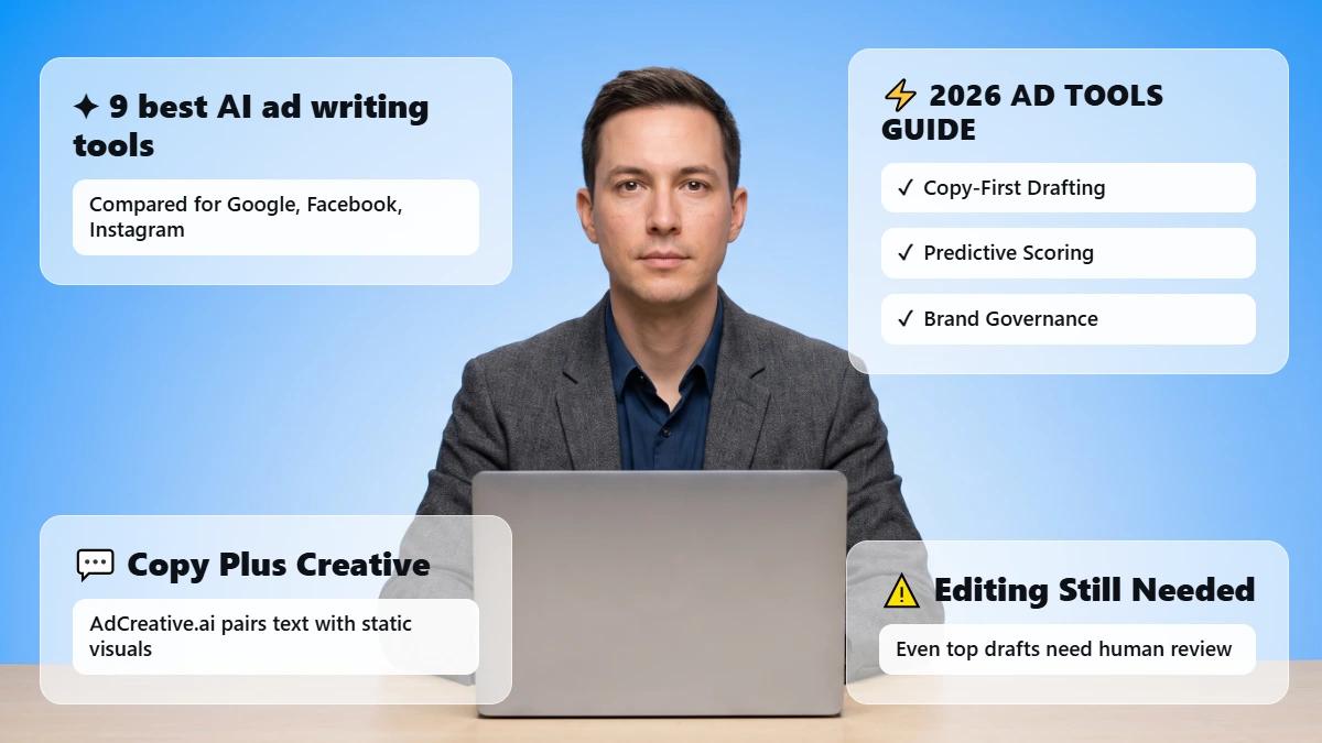 Marketer at desk with header cards on AI ad writing tools