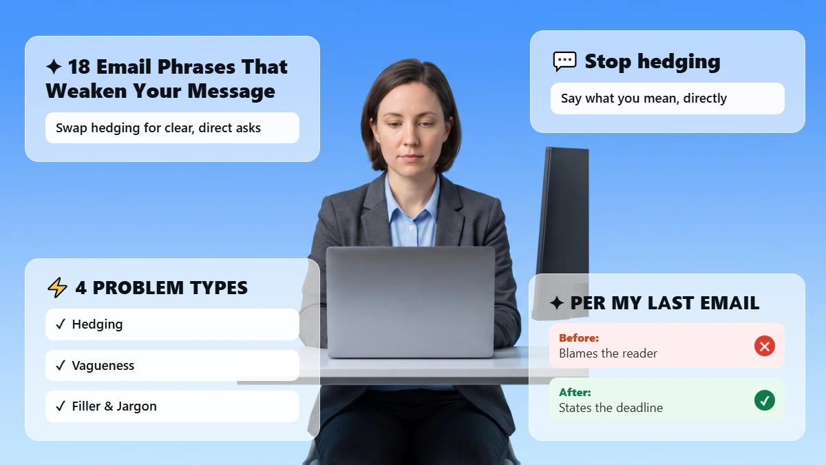 Professional at a laptop with headline cards about weak email phrases