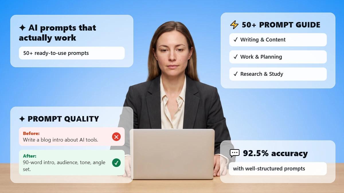 Woman at laptop with graphics showing 50+ AI prompt examples and a weak vs. strong prompt comparison for better results.