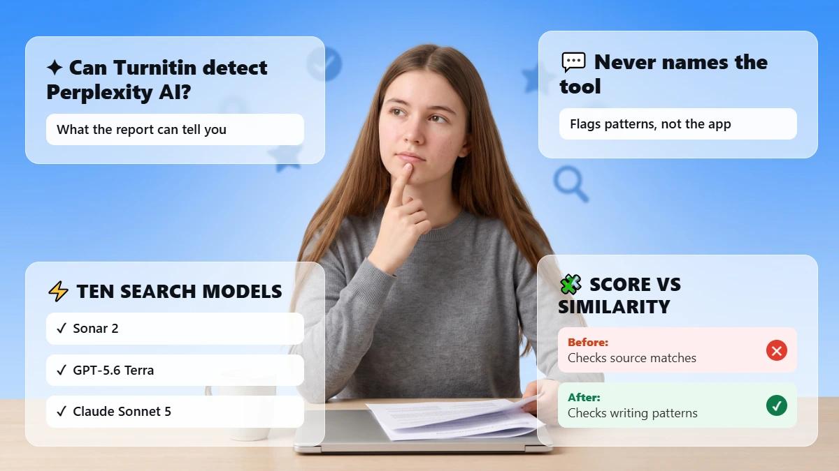 Student reading a screen with glass cards about Turnitin and Perplexity detection