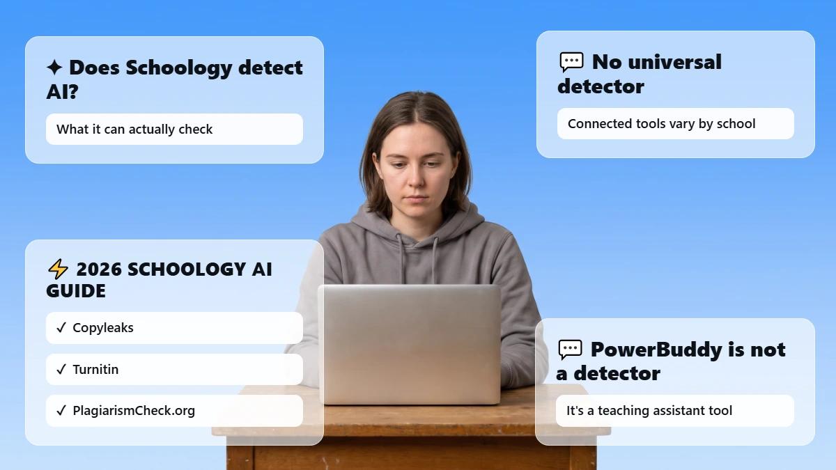 Student at laptop with header cards about Schoology AI detection