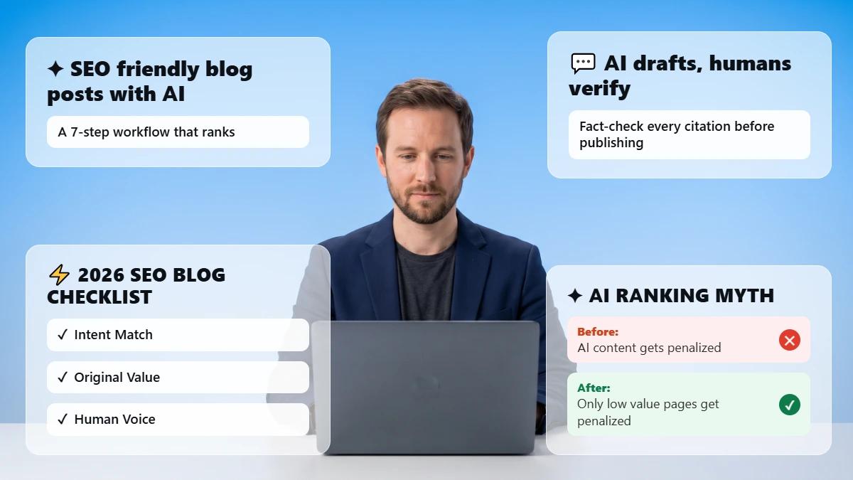 Marketer at a laptop with glass cards summarizing the AI SEO workflow