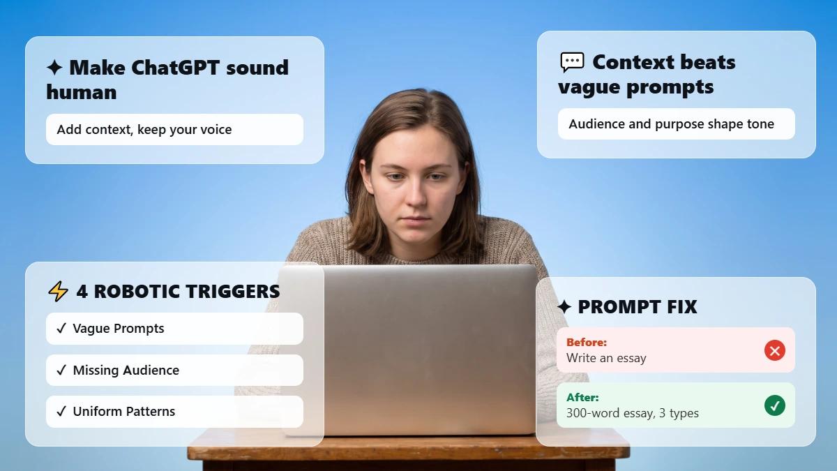 Student reviewing a laptop with glass cards on making ChatGPT sound human