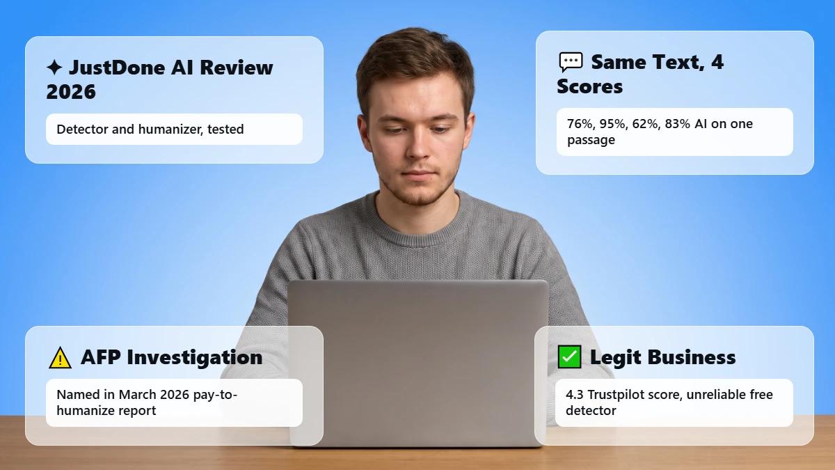 Student at desk with header cards on JustDone AI review 2026