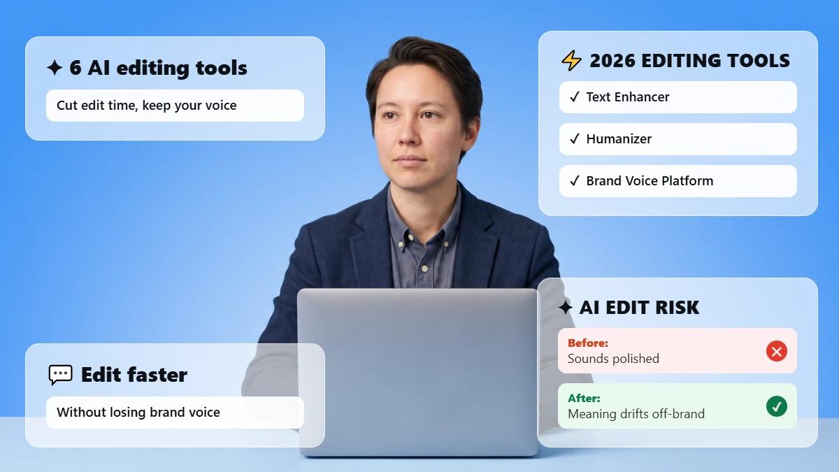 Marketer at a desk with laptop under a blue gradient studio background