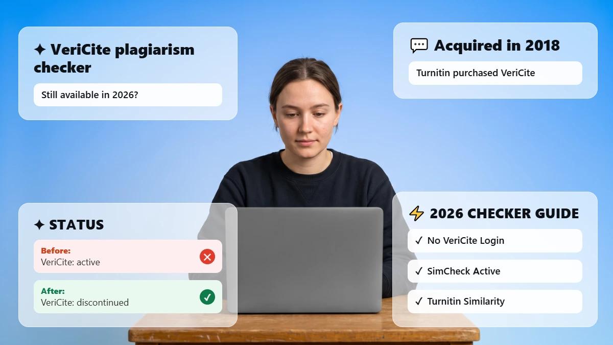 Student at laptop with header cards on VeriCite's discontinued status