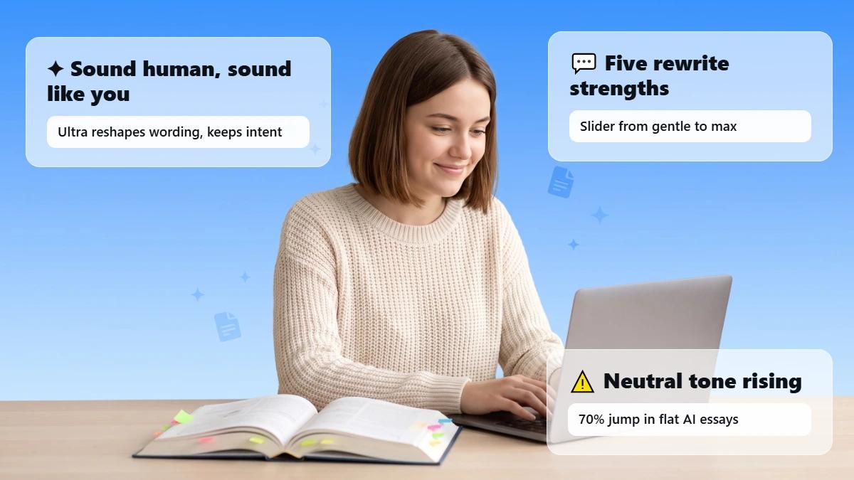 Student at desk with textbook, blue gradient header for Phrasly Ultra post