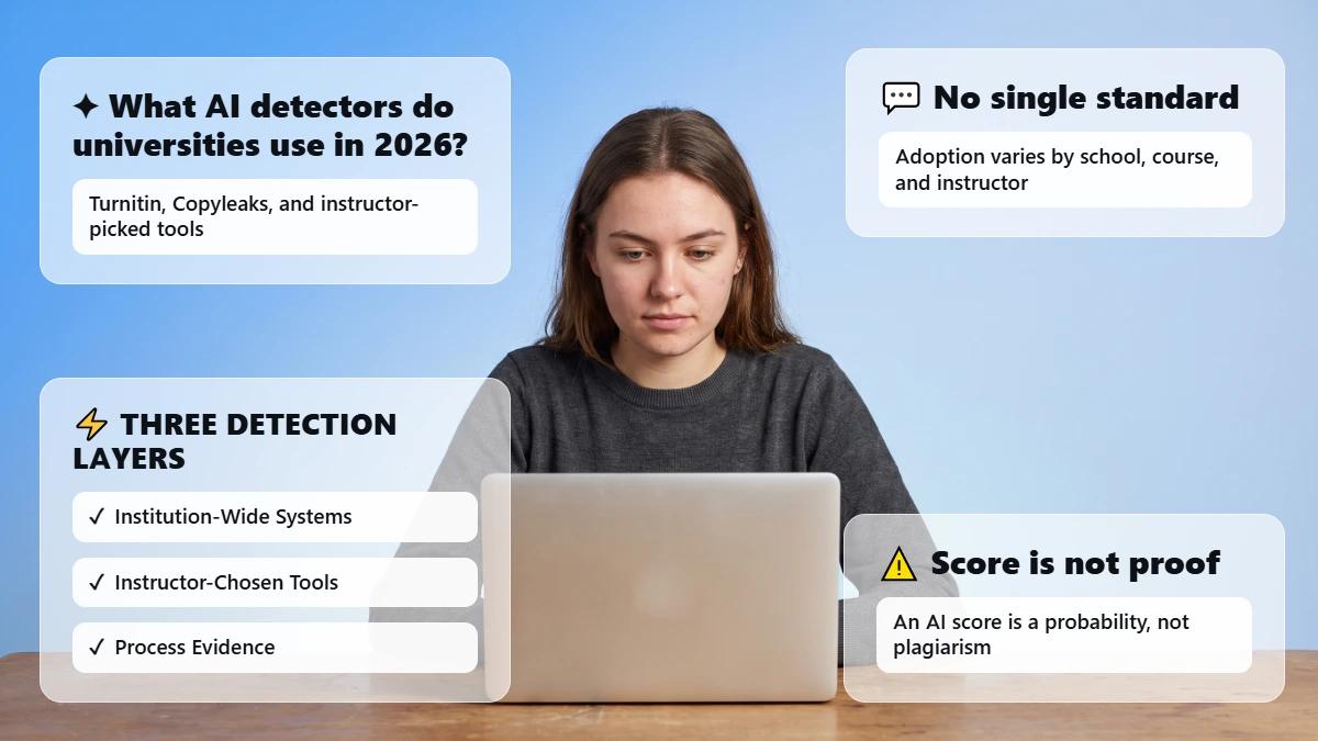 Student at a laptop with glass cards summarising university AI detector use