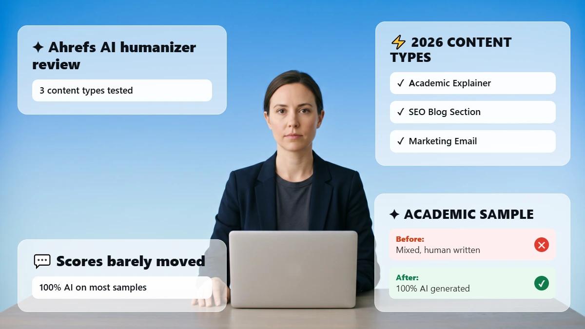 Marketer at desk with header cards summarizing the Ahrefs humanizer test