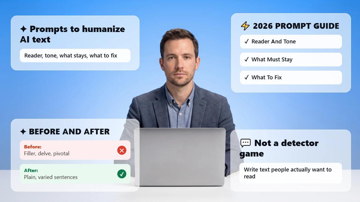 Marketer at desk with glass cards on humanizing AI text prompts