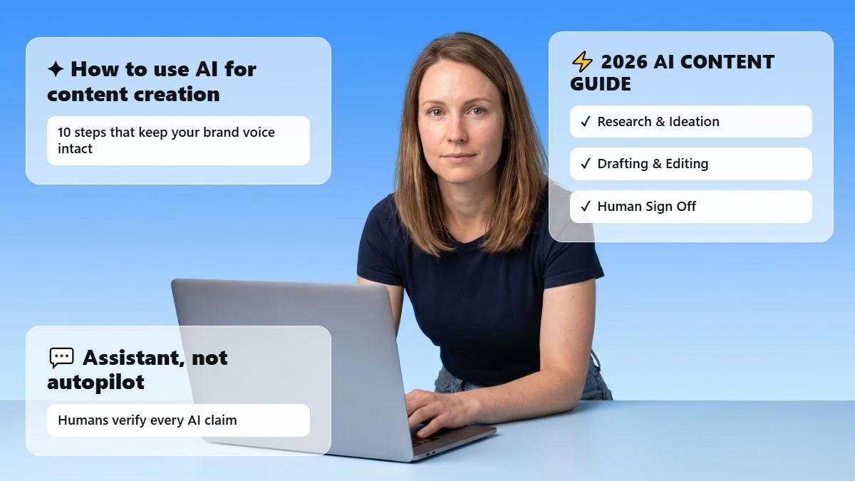 Marketer at desk with laptop, header cards summarizing the AI content creation guide