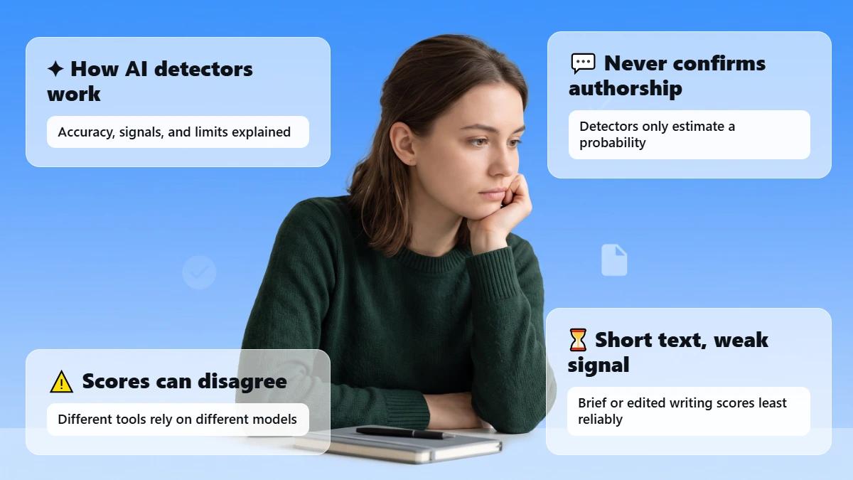 Student at a desk with a notebook beside title cards about AI detector accuracy