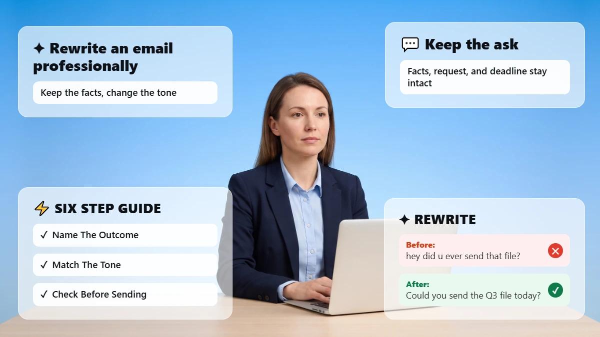 Professional at a desk with glass cards summarizing email rewrite tips