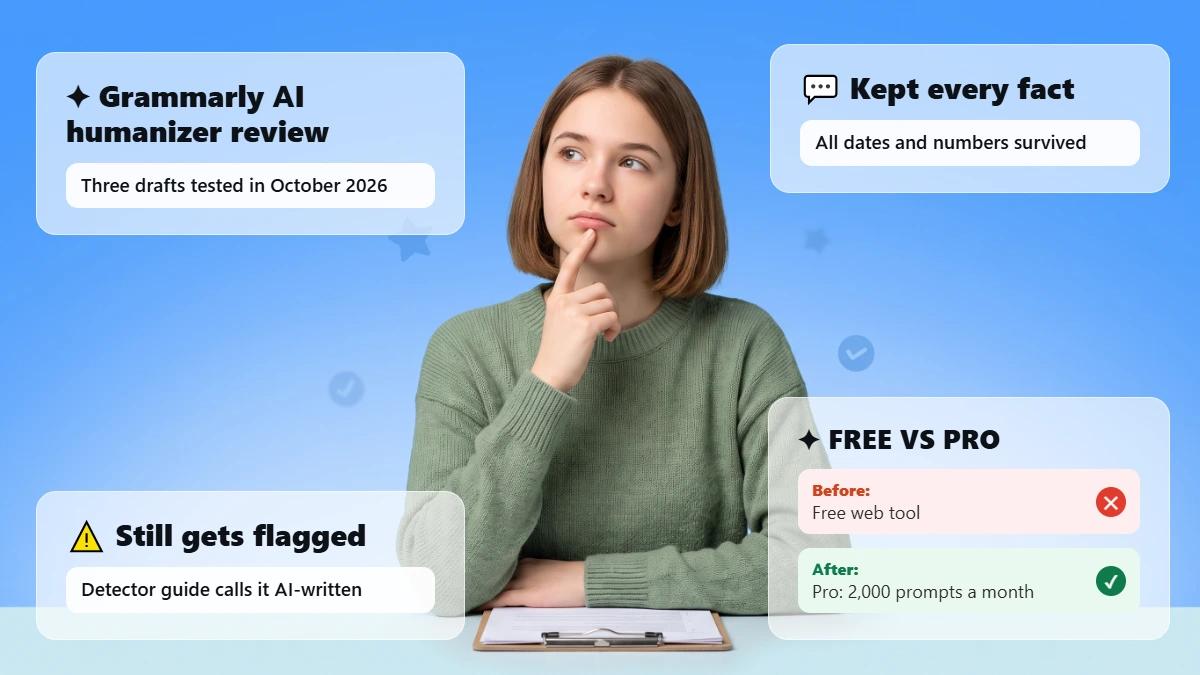 Student reading a clipboard against a blue gradient background with glass info cards