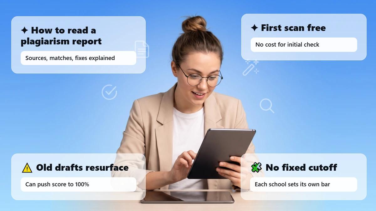 student reviewing a plagiarism report on a tablet against a blue gradient background