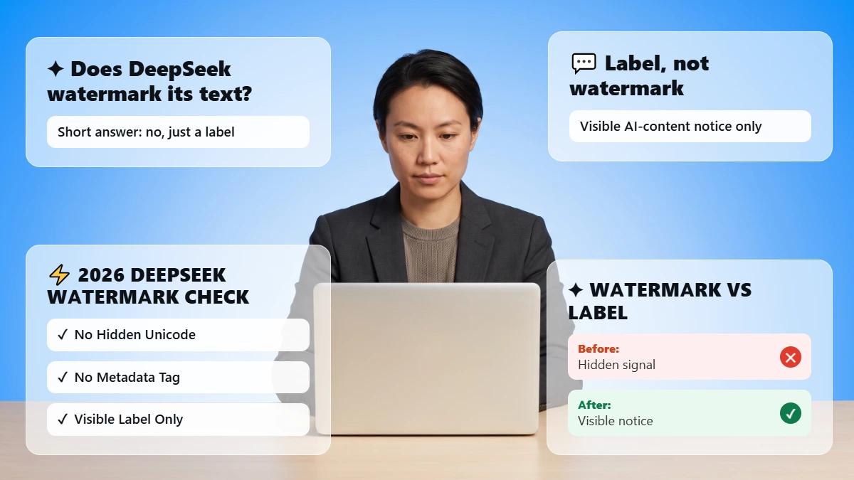 Professional at a laptop with glass cards on DeepSeek watermark versus label