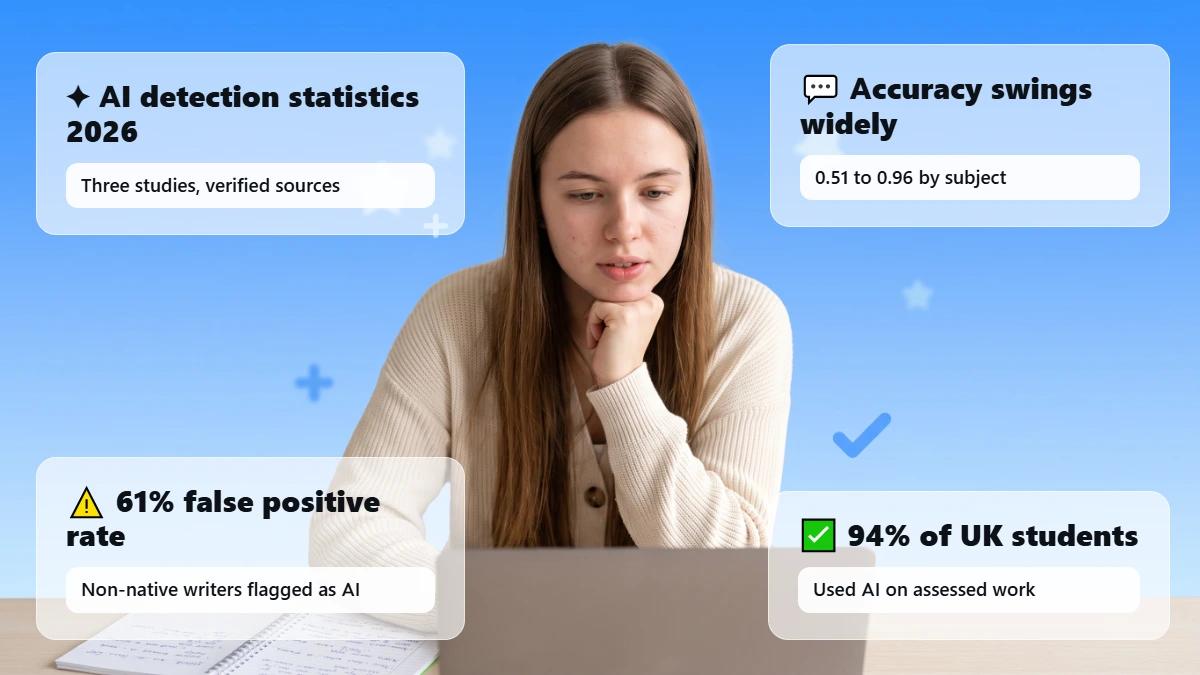 Student at a desk under a blue gradient, header for AI detection statistics 2026