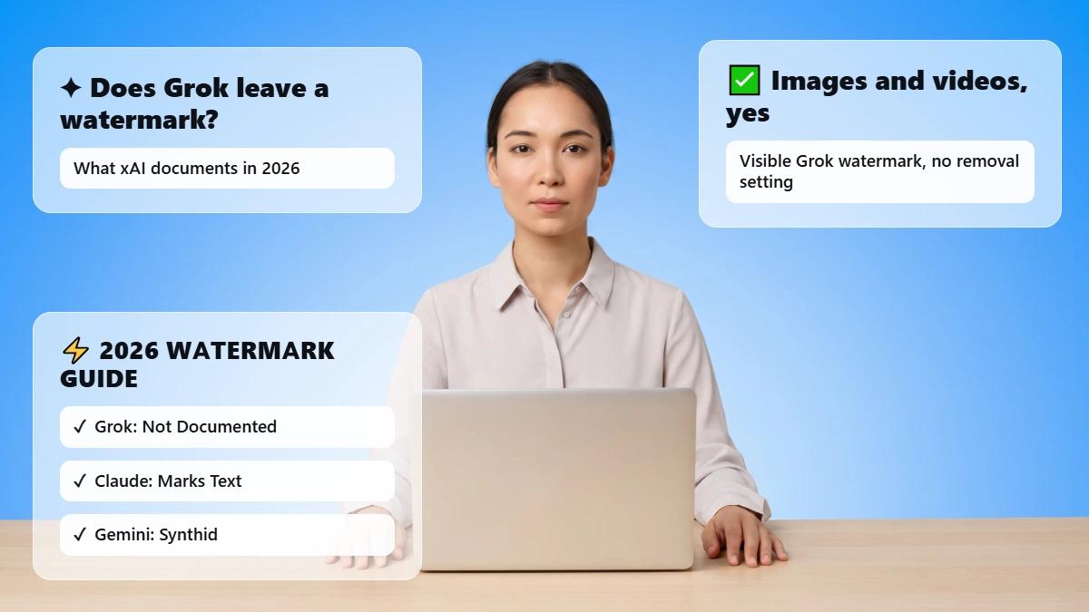 Professional at a laptop with glass cards on Grok watermark facts