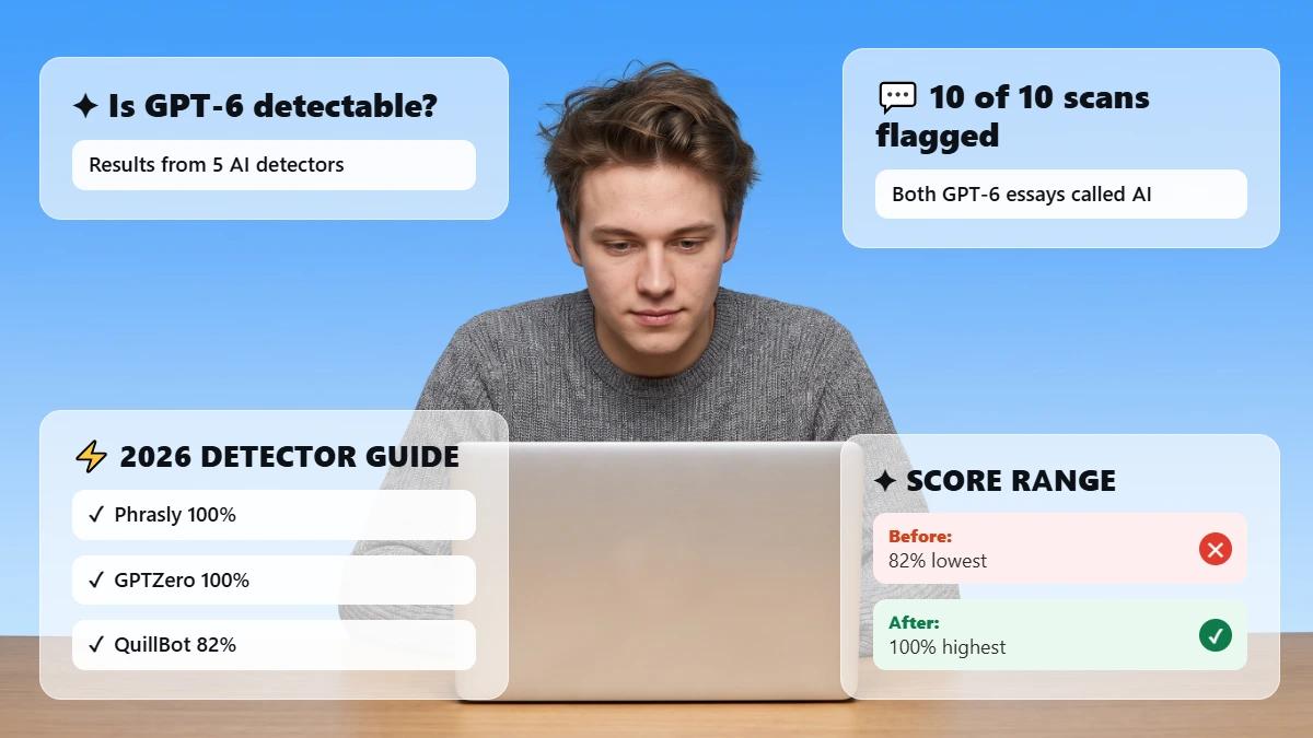 Student at laptop with glass cards summarizing GPT-6 detector results