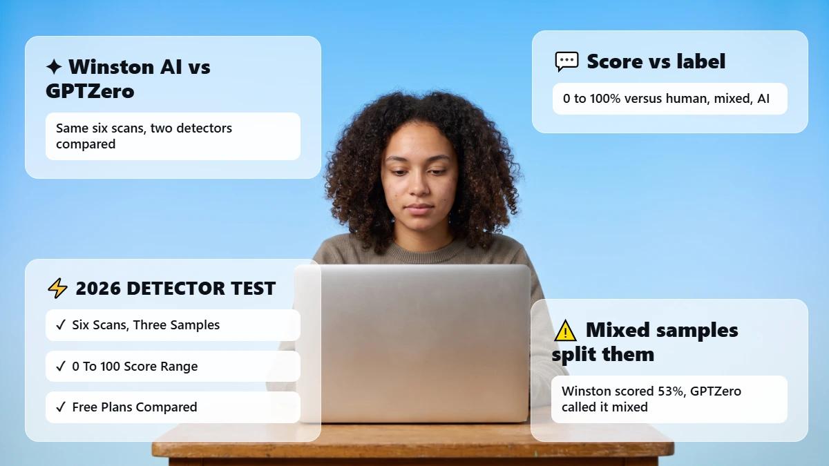 Student at desk with laptop, header for Winston AI vs GPTZero comparison