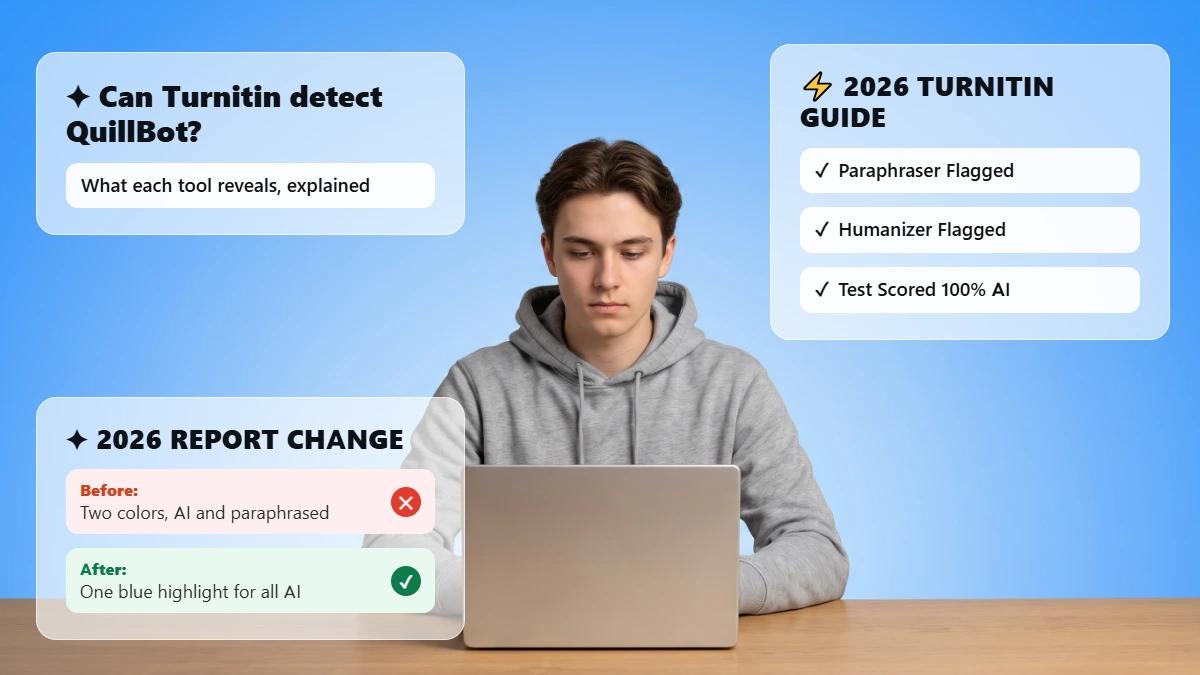Student at laptop with glass cards on Turnitin and QuillBot detection