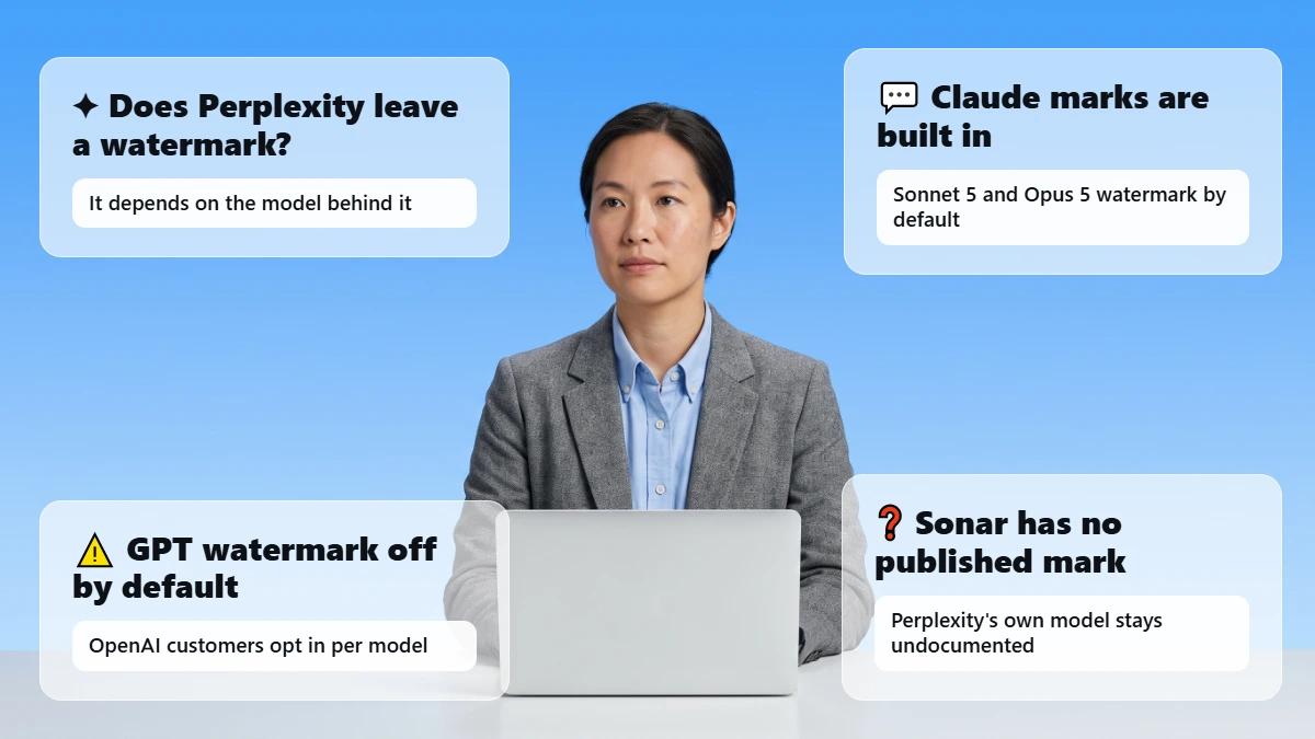 professional at a laptop with watermark question glass cards