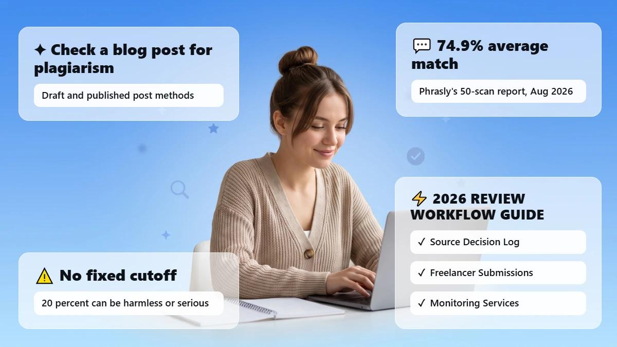 student reviewing a plagiarism report at a pale desk with a notebook