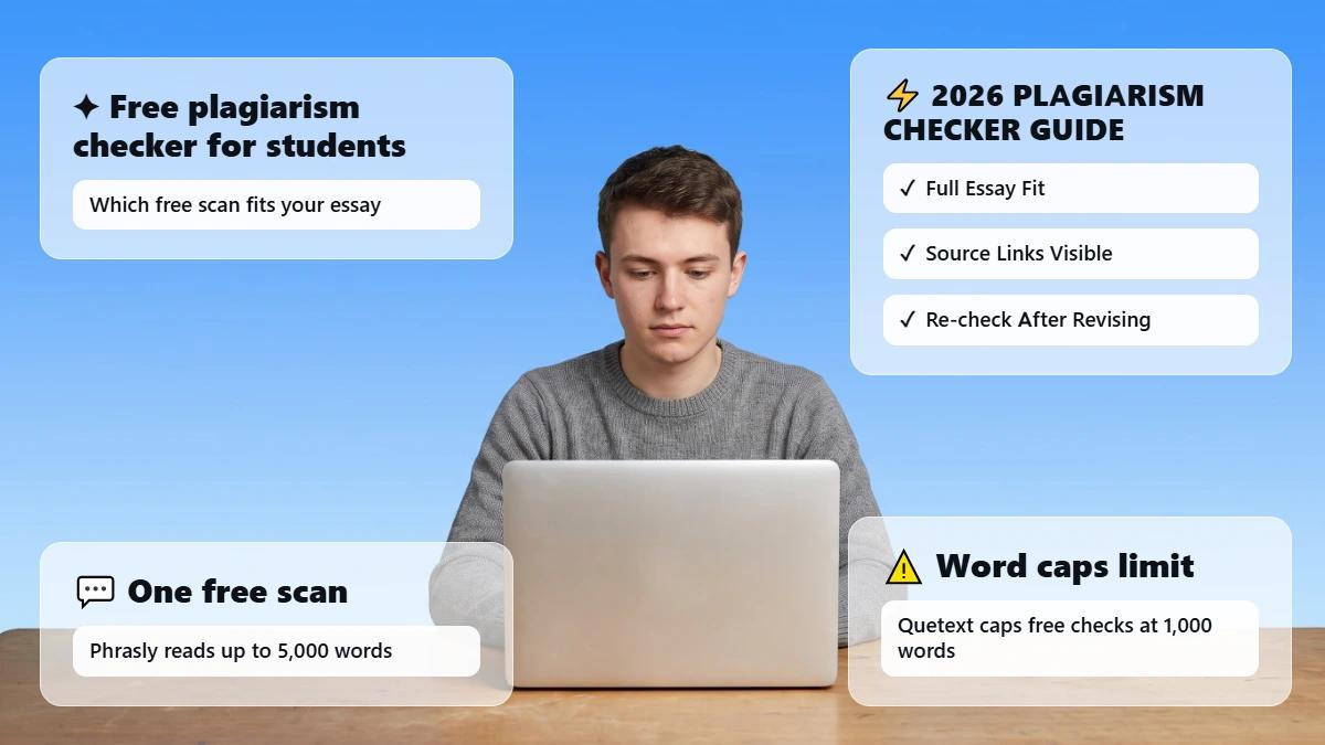 Student at laptop with glass cards about free plagiarism checkers