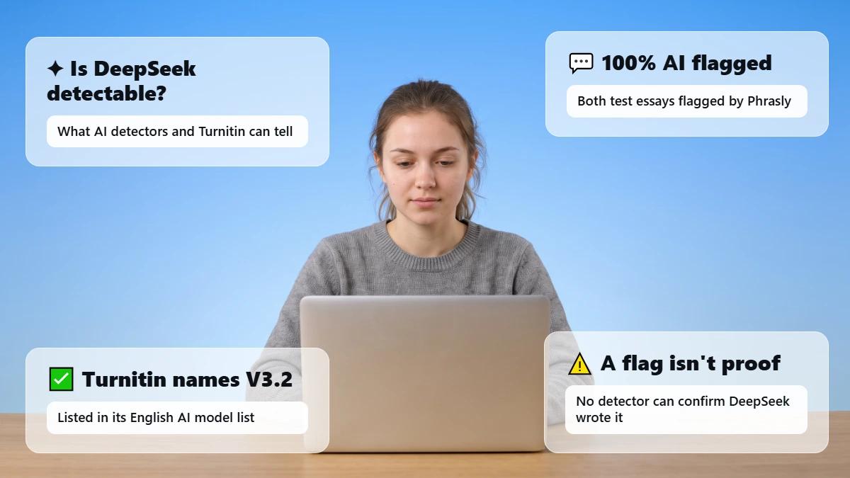 Student at a laptop with glass cards on DeepSeek detection, Turnitin’s V3.2 listing and a 100% AI test result.