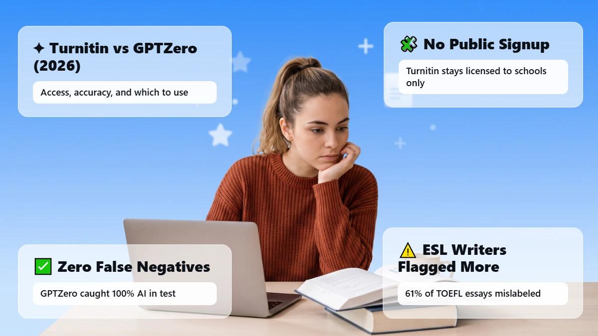 Student at a desk with books, header for Turnitin vs GPTZero comparison