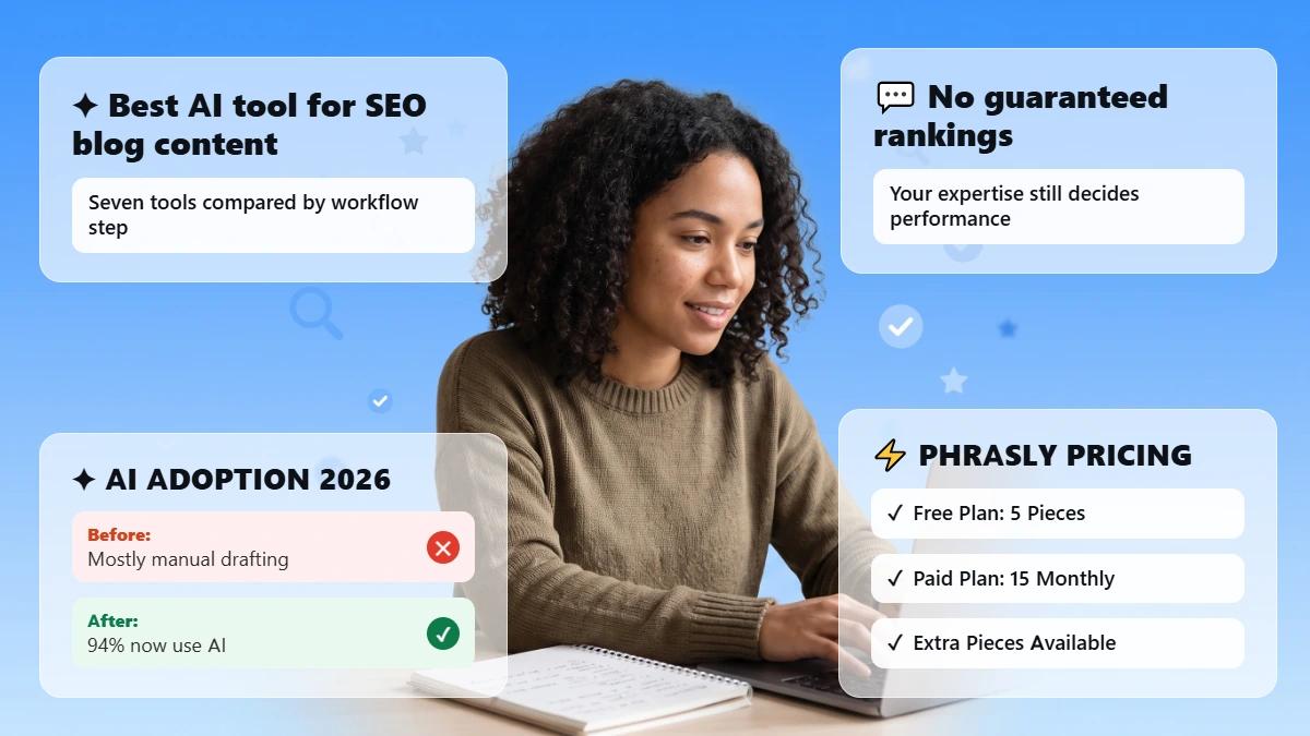 Marketer at desk with notebook under blue gradient header for AI SEO writing tools post