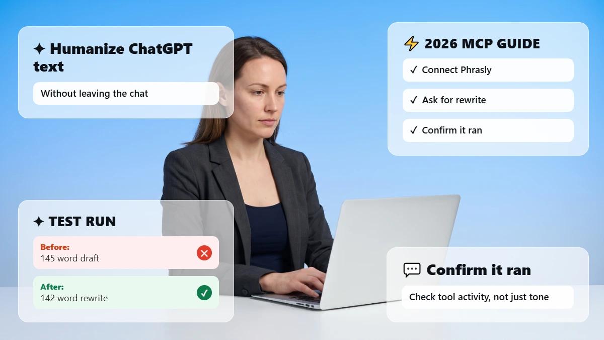 Professional at a desk with glass cards on humanizing ChatGPT text