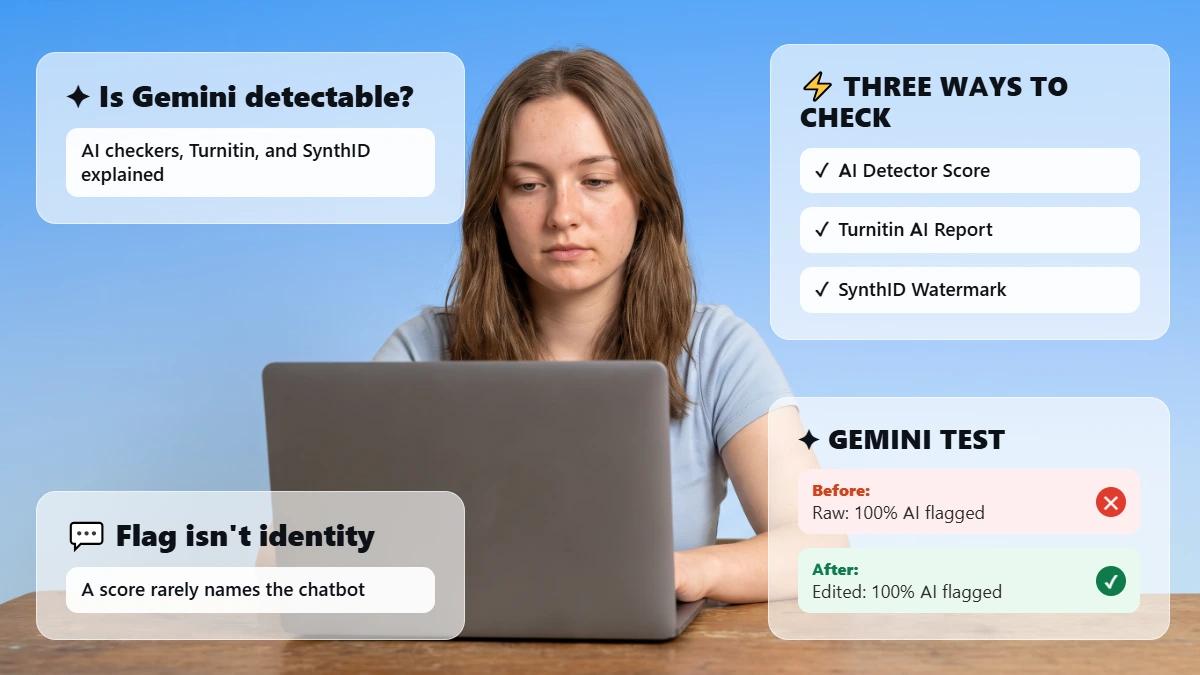 Student at laptop with glass cards explaining Gemini detection checks