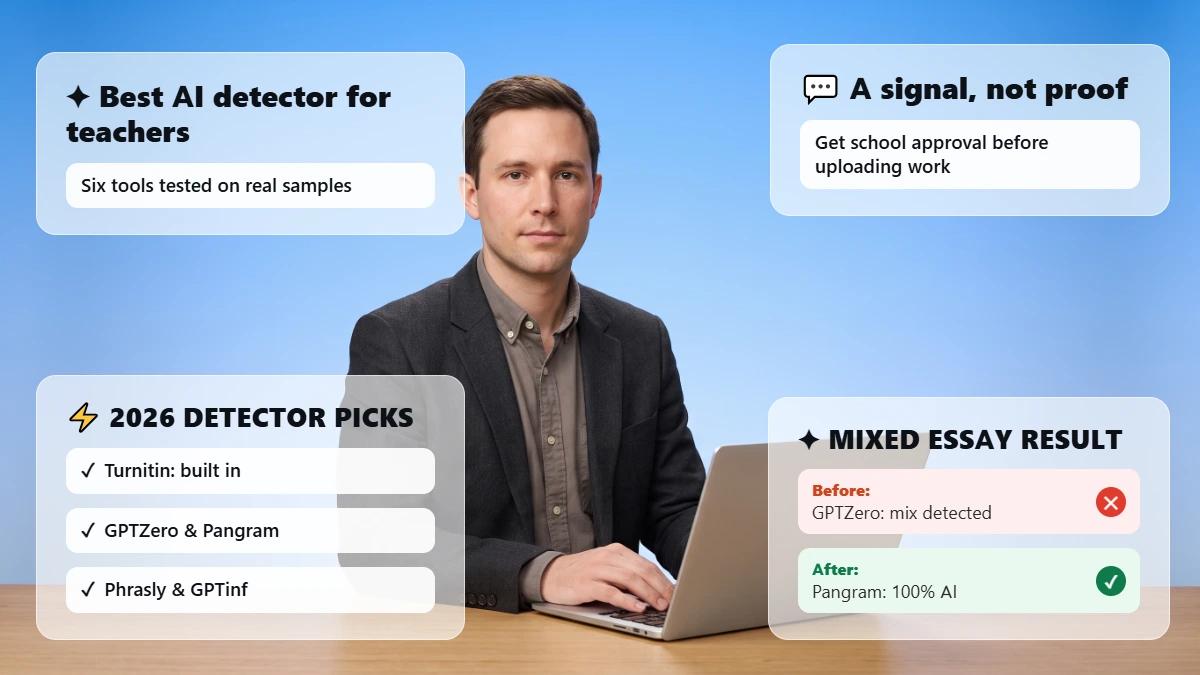 Teacher at a laptop surrounded by cards reading "Best AI detector for teachers," "A signal, not proof," 2026 detector picks for Turnitin, GPTZero and Pangram, and Phrasly and GPTinf, and a mixed essay result from GPTZero and Pangram.