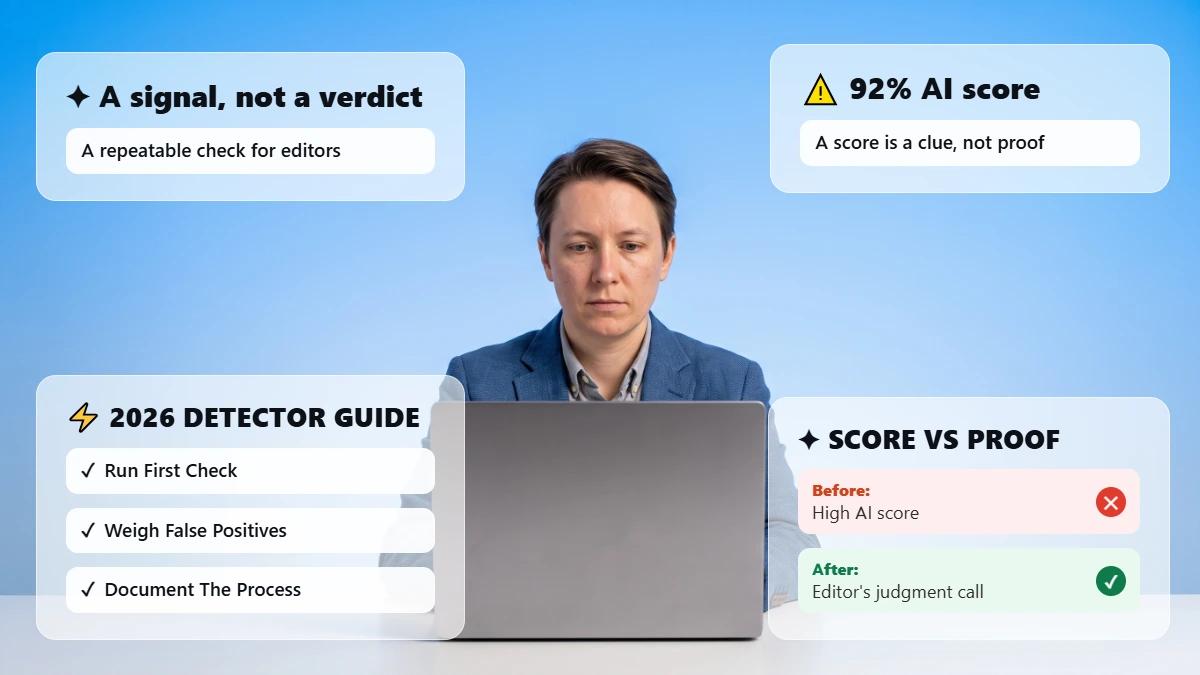 Editor at a desk with glass cards about AI detection scores